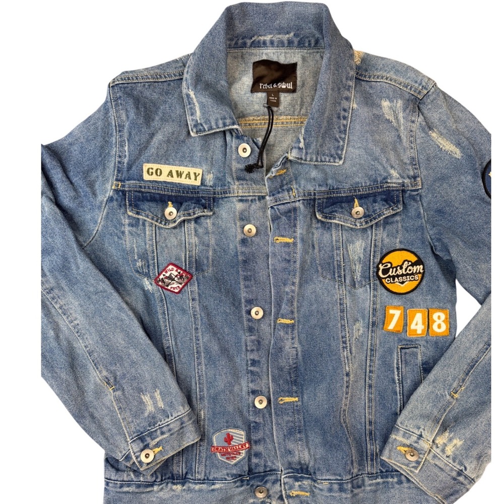 Rebel & Soul Mens Distressed Biker Denim Jacket Blue Patches Size Large L